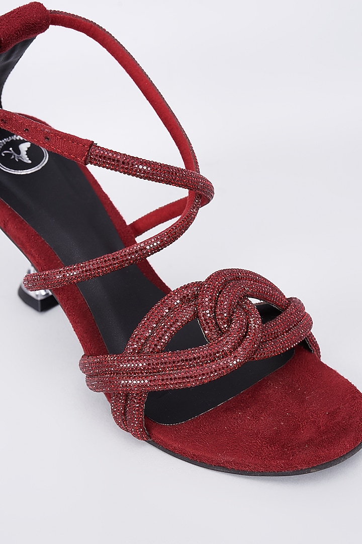 Ruby Red Synthetic & Vegan Rhinestone Embellished Bell Bottom Heels by Sana K Luxurious Footwear at Pernia's Pop Up Shop