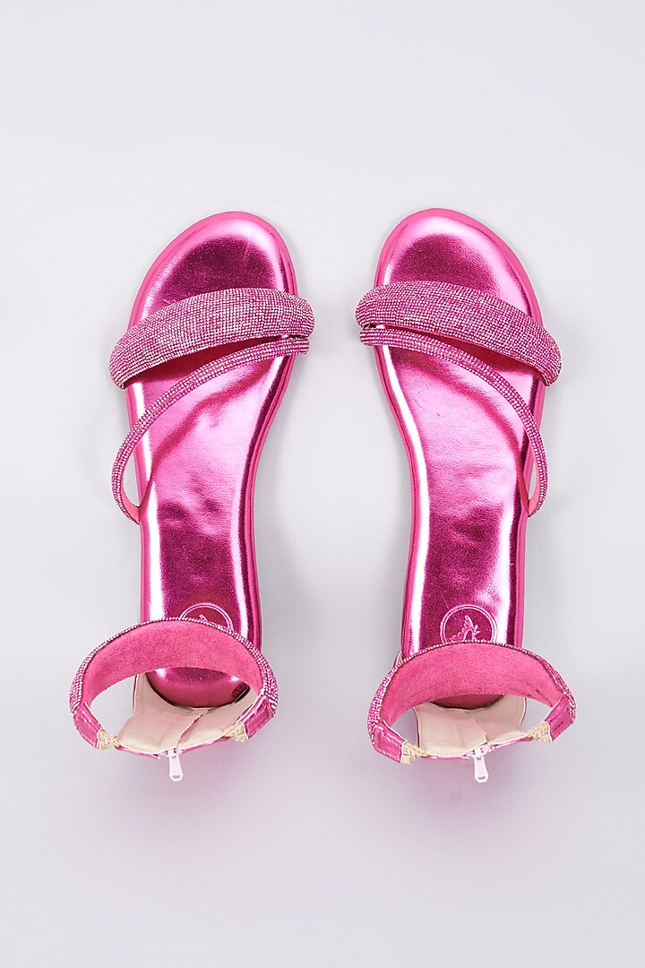 Pink Synthetic & Vegan Rhinestone Embellished Flats by Sana K Luxurious Footwear at Pernia's Pop Up Shop