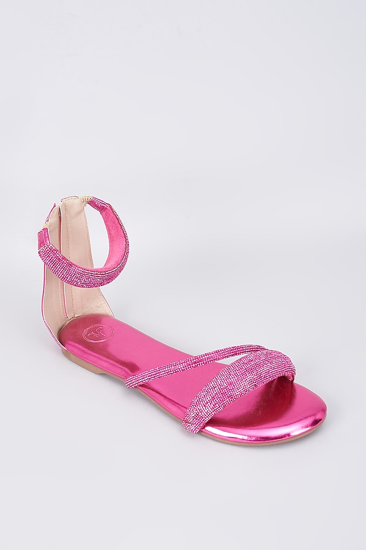 Pink Synthetic & Vegan Rhinestone Embellished Flats by Sana K Luxurious Footwear at Pernia's Pop Up Shop