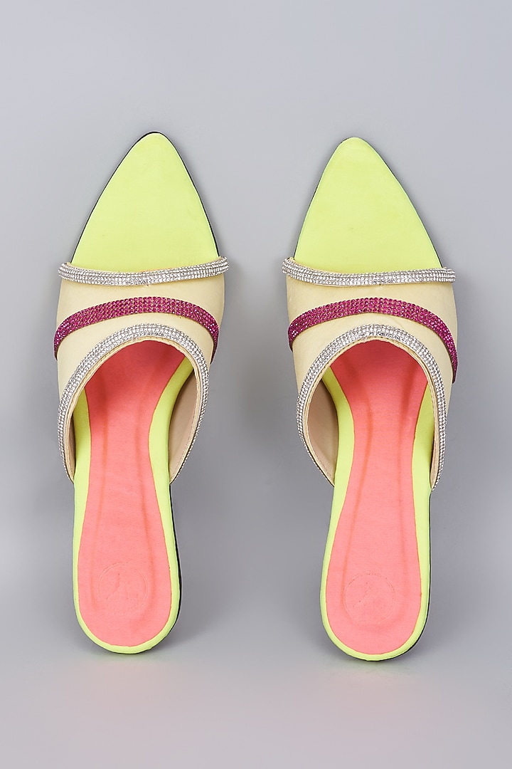 Neon Synthetic & Vegan Rhinestone Embellished Bell Bottom Heels by Sana K Luxurious Footwear at Pernia's Pop Up Shop