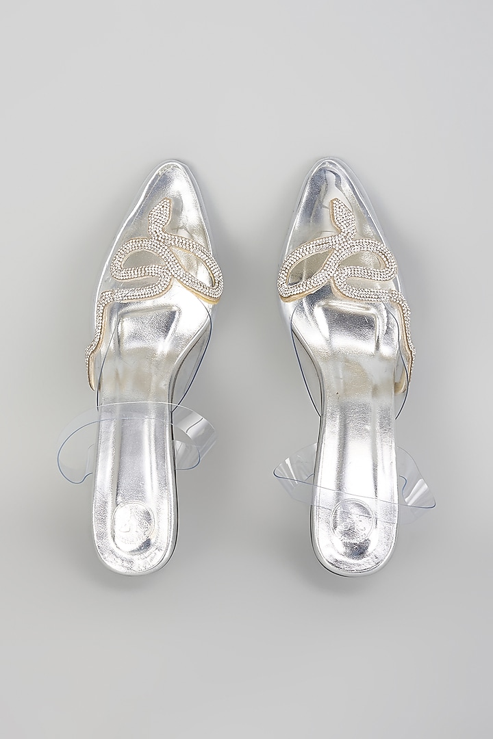 Silver Vegan Faux Leather Rhinestone Heels by Sana K Luxurious Footwear at Pernia's Pop Up Shop