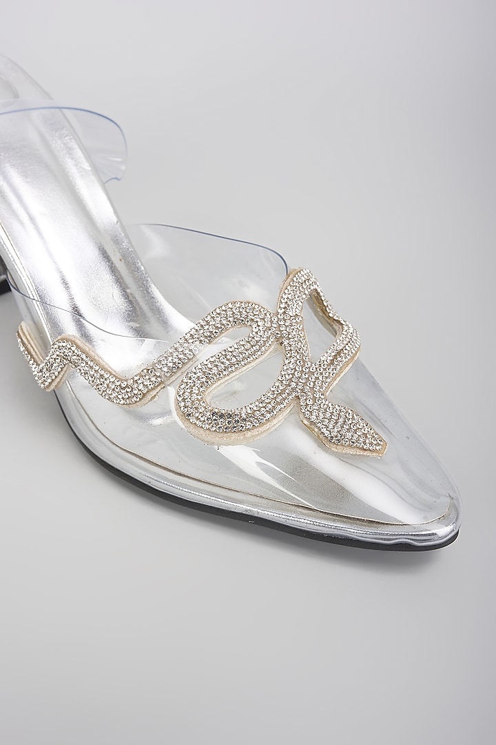 Silver Vegan Faux Leather Rhinestone Heels by Sana K Luxurious Footwear at Pernia's Pop Up Shop