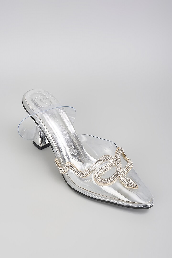 Silver Vegan Faux Leather Rhinestone Heels by Sana K Luxurious Footwear at Pernia's Pop Up Shop