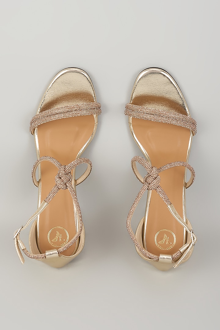 Gold Synthetic Ankle Knot Strap Heels by Sana K Luxurious Footwear at Pernia's Pop Up Shop
