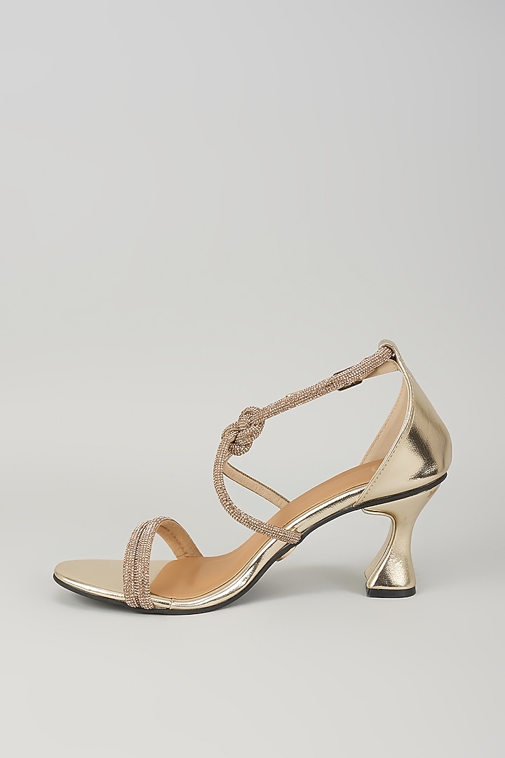 Gold Synthetic Ankle Knot Strap Heels by Sana K Luxurious Footwear at Pernia's Pop Up Shop
