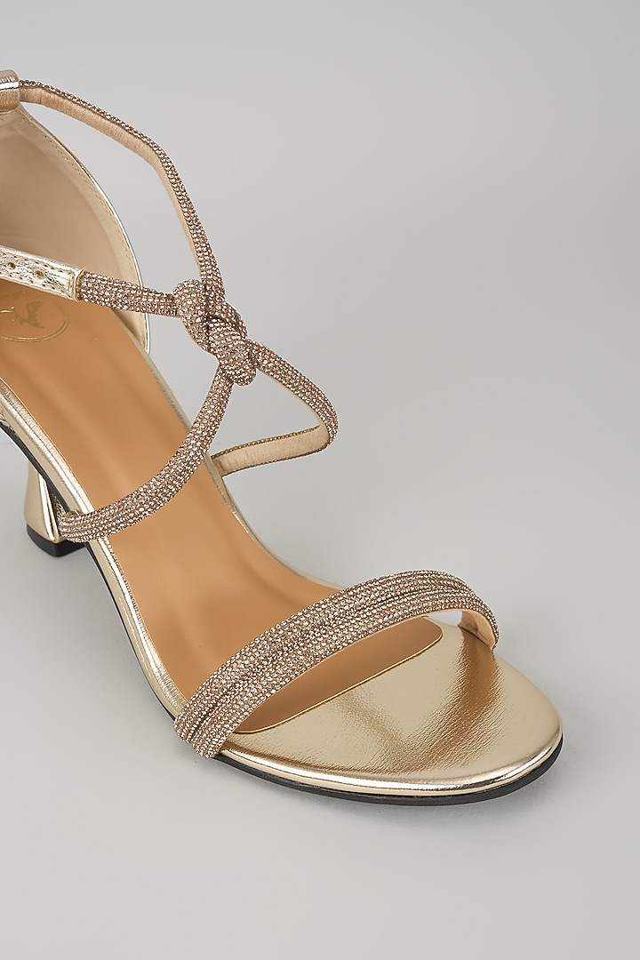 Gold Synthetic Ankle Knot Strap Heels by Sana K Luxurious Footwear at Pernia's Pop Up Shop