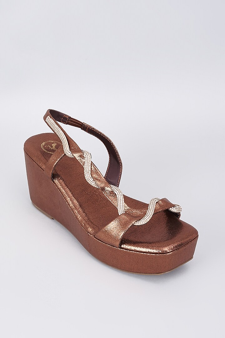Brown Synthetic & Vegan Rhinestone Embellished Pillow Wedge Heels by Sana K Luxurious Footwear at Pernia's Pop Up Shop