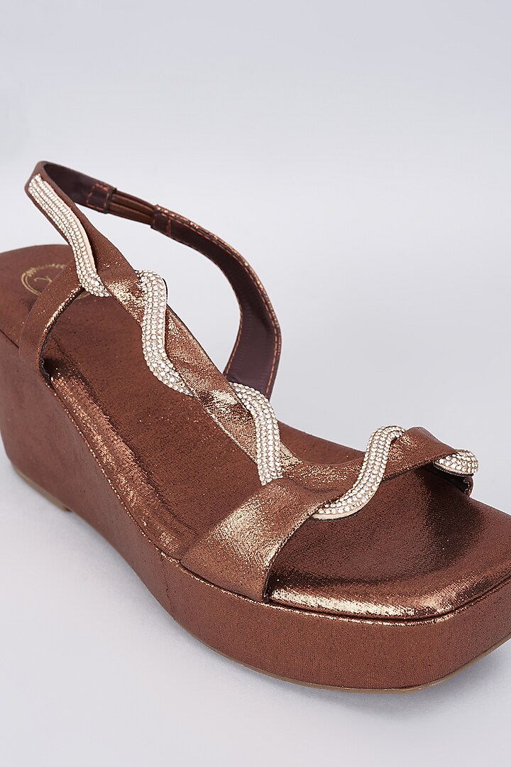 Brown Synthetic & Vegan Rhinestone Embellished Pillow Wedge Heels by Sana K Luxurious Footwear at Pernia's Pop Up Shop