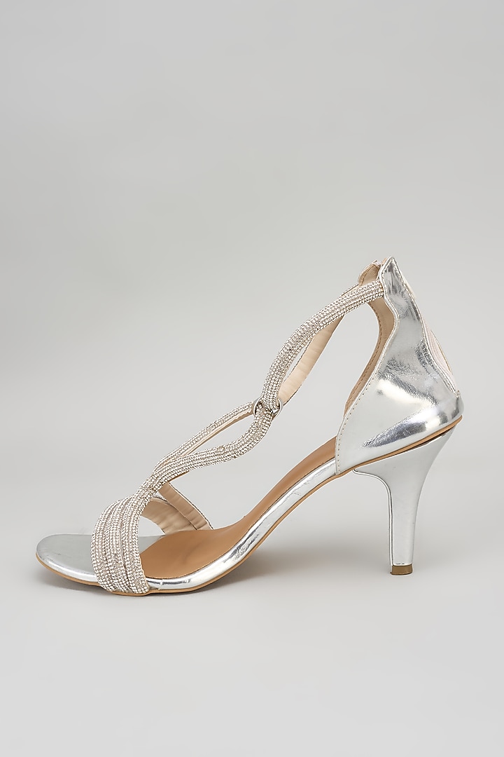 Silver Synthetic Rhinestone Embroidered Bell Bottom Heels by Sana K Luxurious Footwear at Pernia's Pop Up Shop