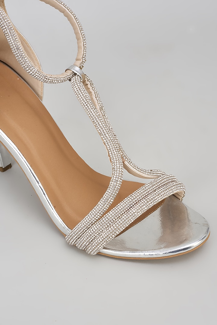 Silver Synthetic Rhinestone Embroidered Bell Bottom Heels by Sana K Luxurious Footwear at Pernia's Pop Up Shop
