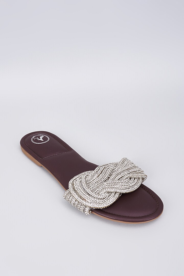 Brown Synthetic & Vegan Rhinestone Embellished Flats by Sana K Luxurious Footwear at Pernia's Pop Up Shop