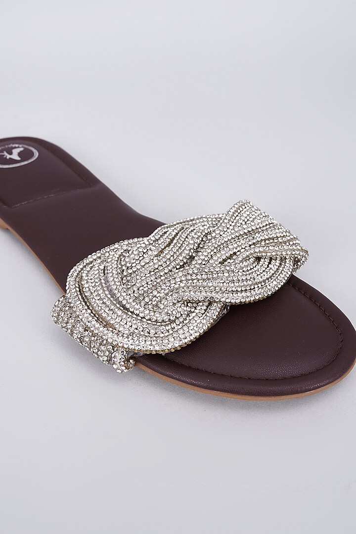 Brown Synthetic & Vegan Rhinestone Embellished Flats by Sana K Luxurious Footwear at Pernia's Pop Up Shop