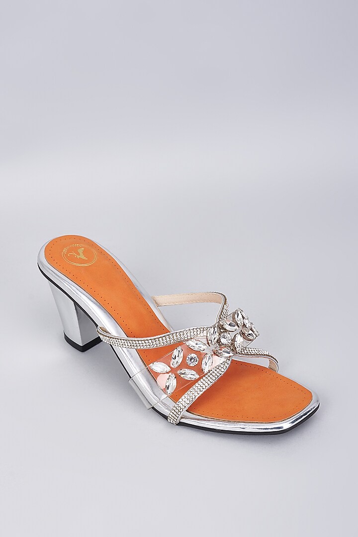 Silver Synthetic & Vegan Crystal Swarovski Embellished Heels by Sana K Luxurious Footwear at Pernia's Pop Up Shop