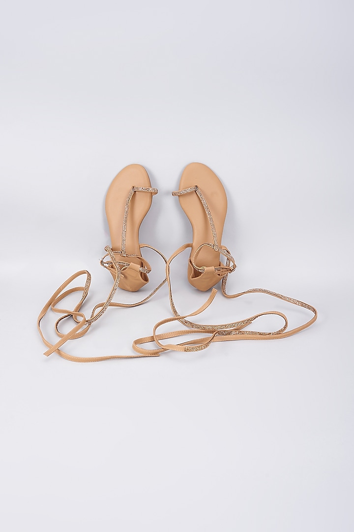 Nude Synthetic & Vegan Golden Rhinestone Embellished Flats by Sana K Luxurious Footwear