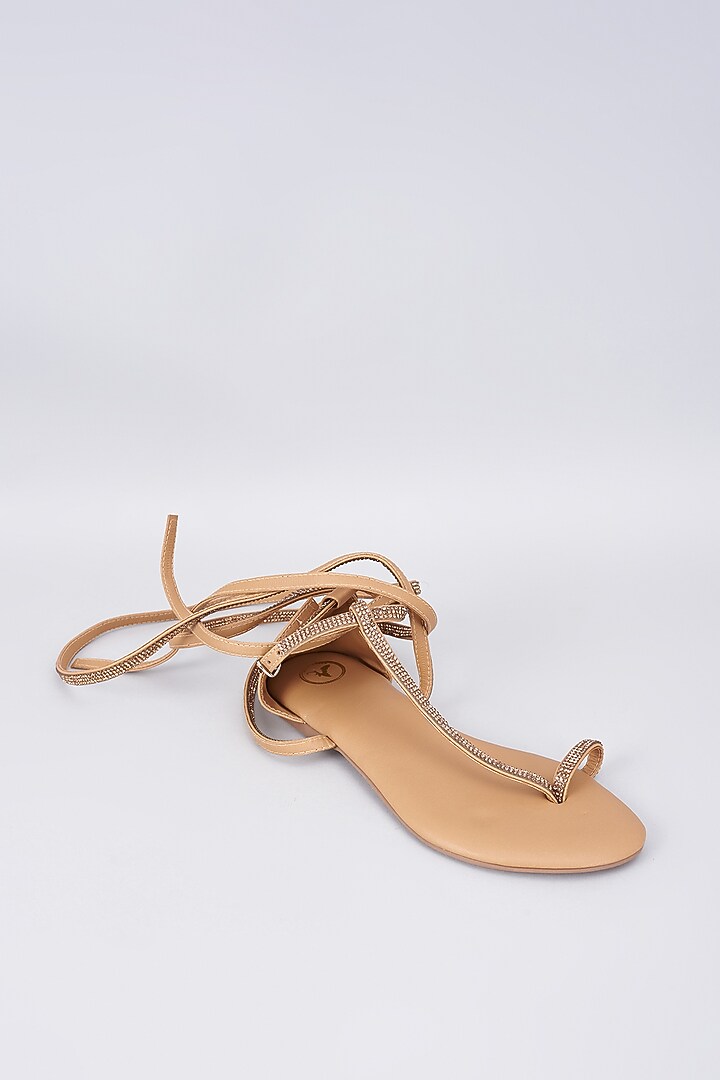 Nude Synthetic & Vegan Golden Rhinestone Embellished Flats by Sana K Luxurious Footwear at Pernia's Pop Up Shop
