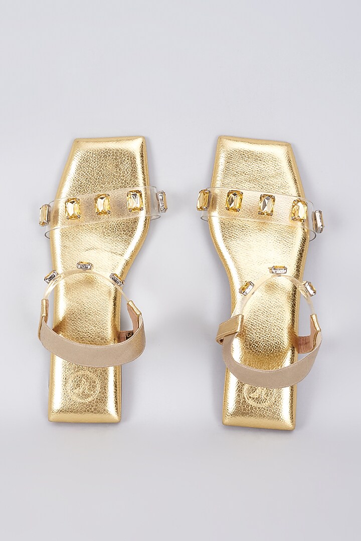 Gold Synthetic & Vegan Stone Embellished Flats by Sana K Luxurious Footwear at Pernia's Pop Up Shop