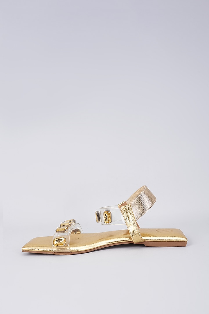 Gold Synthetic & Vegan Stone Embellished Flats by Sana K Luxurious Footwear at Pernia's Pop Up Shop