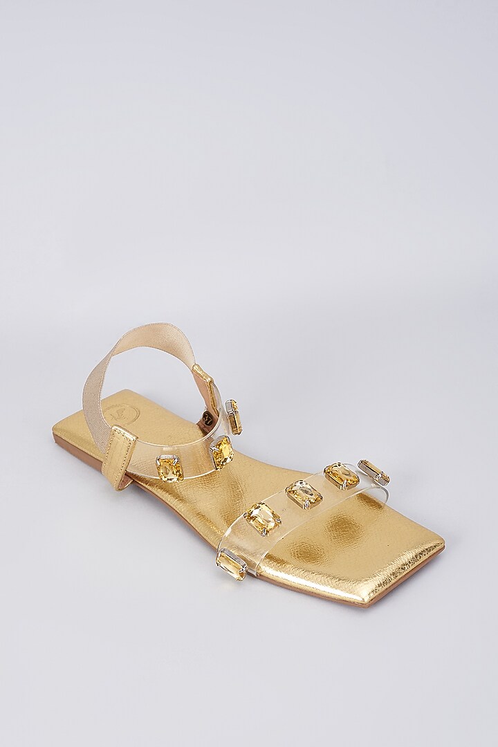 Gold Synthetic & Vegan Stone Embellished Flats by Sana K Luxurious Footwear at Pernia's Pop Up Shop