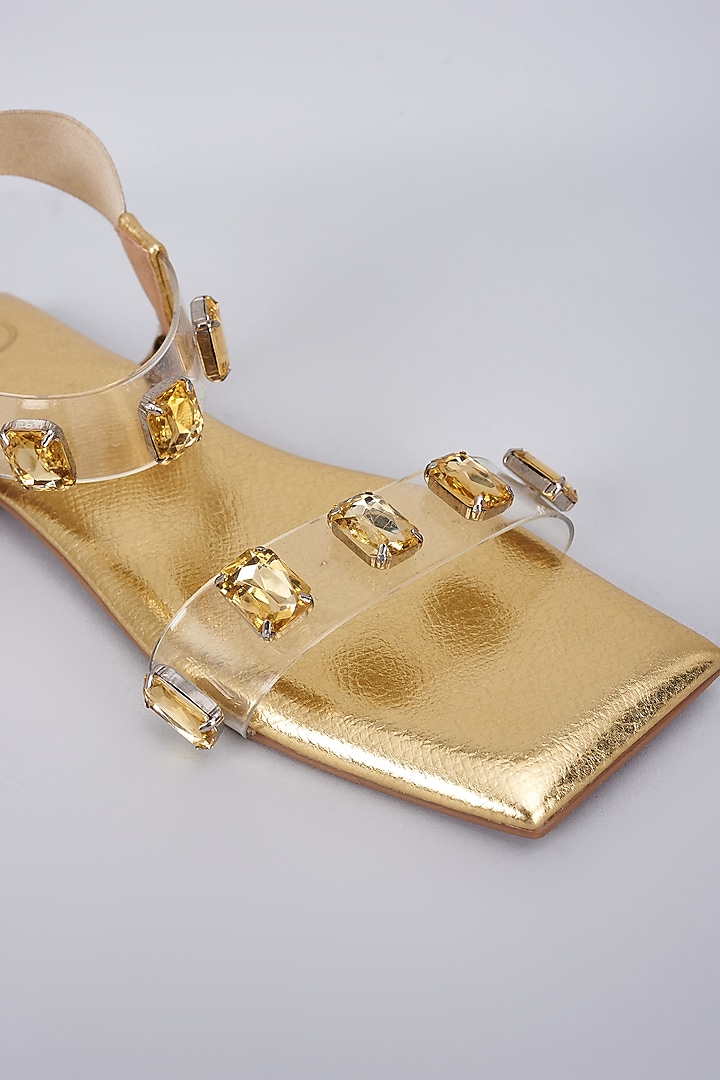 Gold Synthetic & Vegan Stone Embellished Flats by Sana K Luxurious Footwear at Pernia's Pop Up Shop