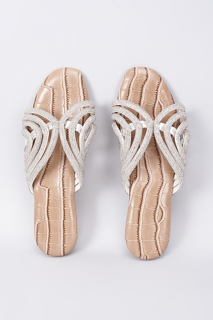 Beige Synthetic & Vegan Rhinestone Embellished Crocs Flats by Sana K Luxurious Footwear at Pernia's Pop Up Shop