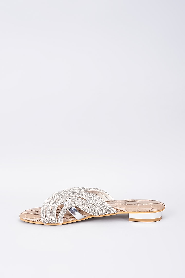 Beige Synthetic & Vegan Rhinestone Embellished Crocs Flats by Sana K Luxurious Footwear at Pernia's Pop Up Shop