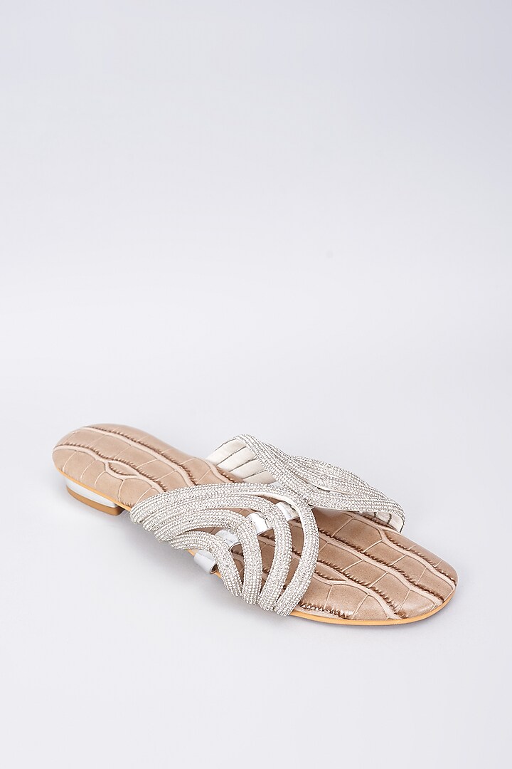 Beige Synthetic & Vegan Rhinestone Embellished Crocs Flats by Sana K Luxurious Footwear at Pernia's Pop Up Shop