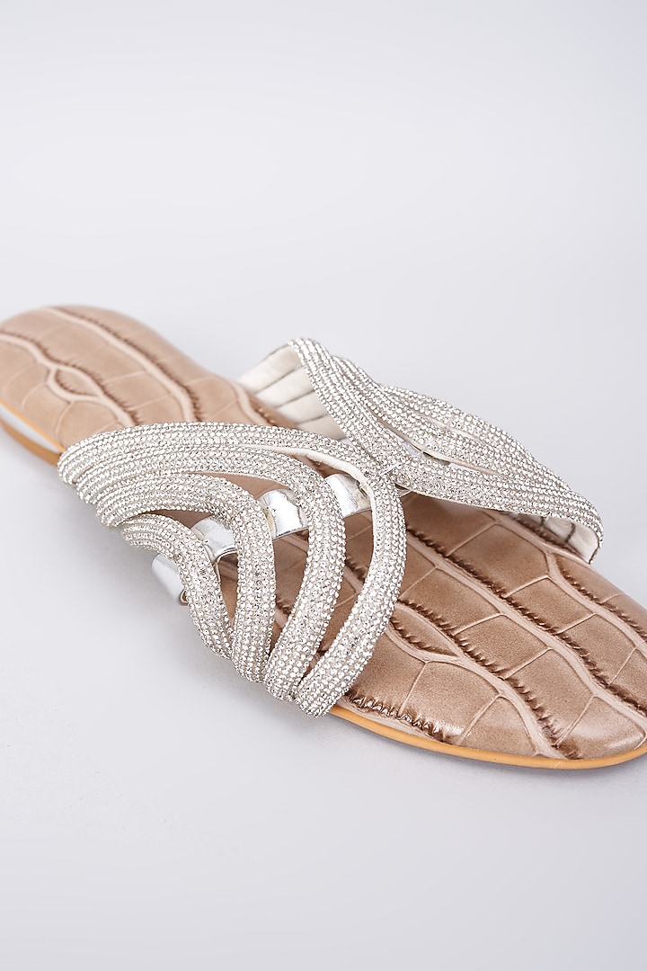 Beige Synthetic & Vegan Rhinestone Embellished Crocs Flats by Sana K Luxurious Footwear at Pernia's Pop Up Shop