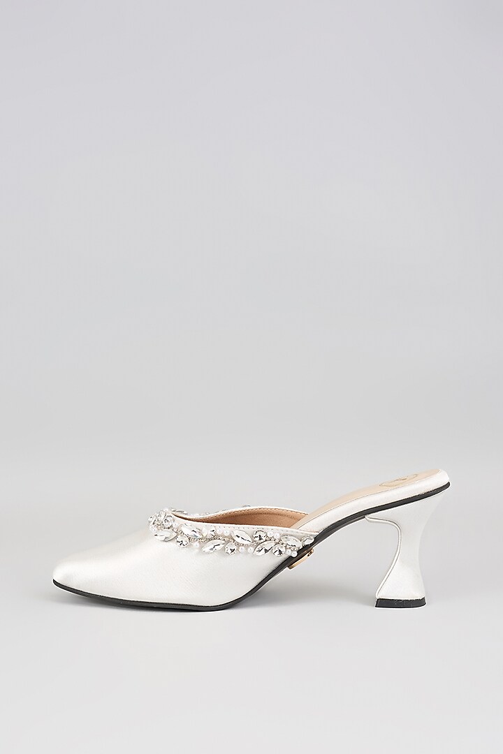 White Satin Crystal Work Mules by Sana K Luxurious Footwear at Pernia's Pop Up Shop