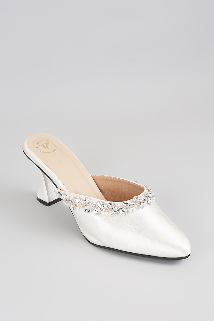 White Satin Crystal Work Mules by Sana K Luxurious Footwear at Pernia's Pop Up Shop