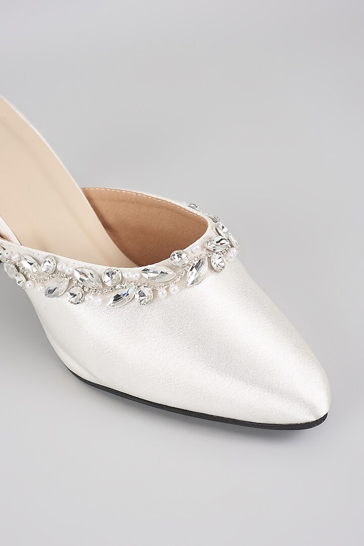 White Satin Crystal Work Mules by Sana K Luxurious Footwear at Pernia's Pop Up Shop