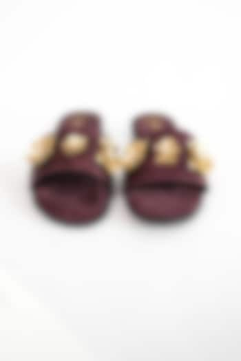 Maroon Vegan Floral Embroidered Flats by Sana K Luxurious Footwear at Pernia's Pop Up Shop