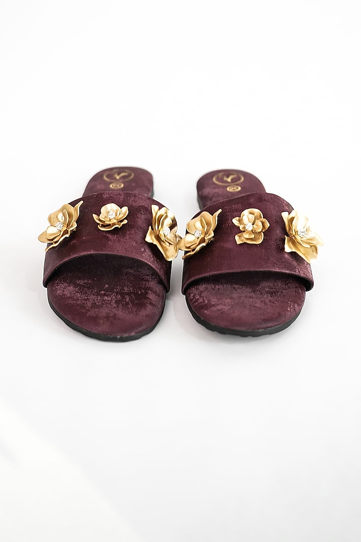 Maroon Vegan Floral Embroidered Flats by Sana K Luxurious Footwear at Pernia's Pop Up Shop