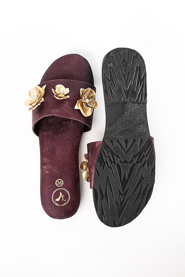 Maroon Vegan Floral Embroidered Flats by Sana K Luxurious Footwear at Pernia's Pop Up Shop