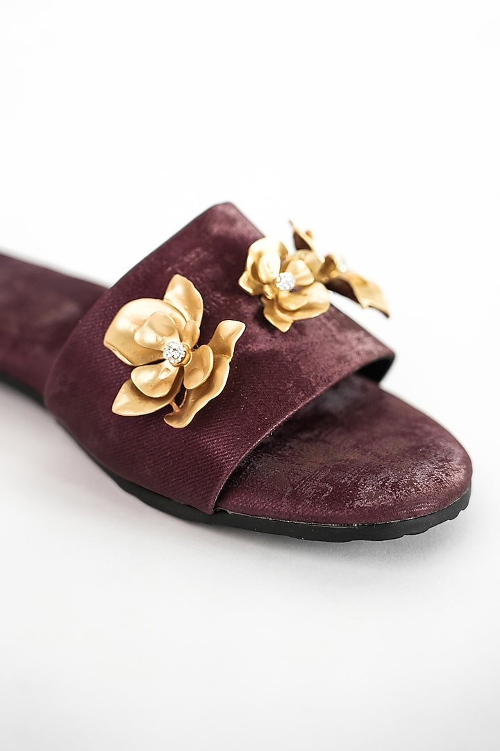 Maroon Vegan Floral Embroidered Flats by Sana K Luxurious Footwear at Pernia's Pop Up Shop