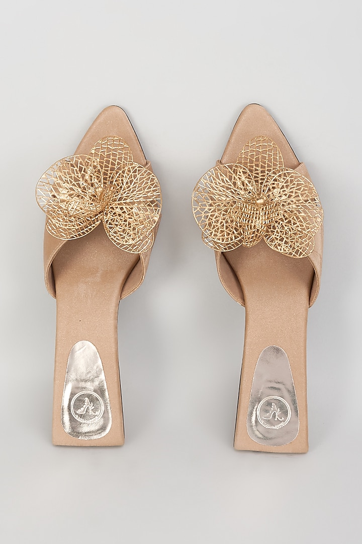 Gold Vegan Faux Leather Floral Embellished Kitten Heels by Sana K Luxurious Footwear at Pernia's Pop Up Shop