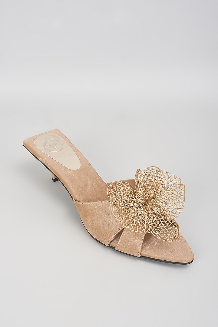 Gold Vegan Faux Leather Floral Embellished Kitten Heels by Sana K Luxurious Footwear at Pernia's Pop Up Shop