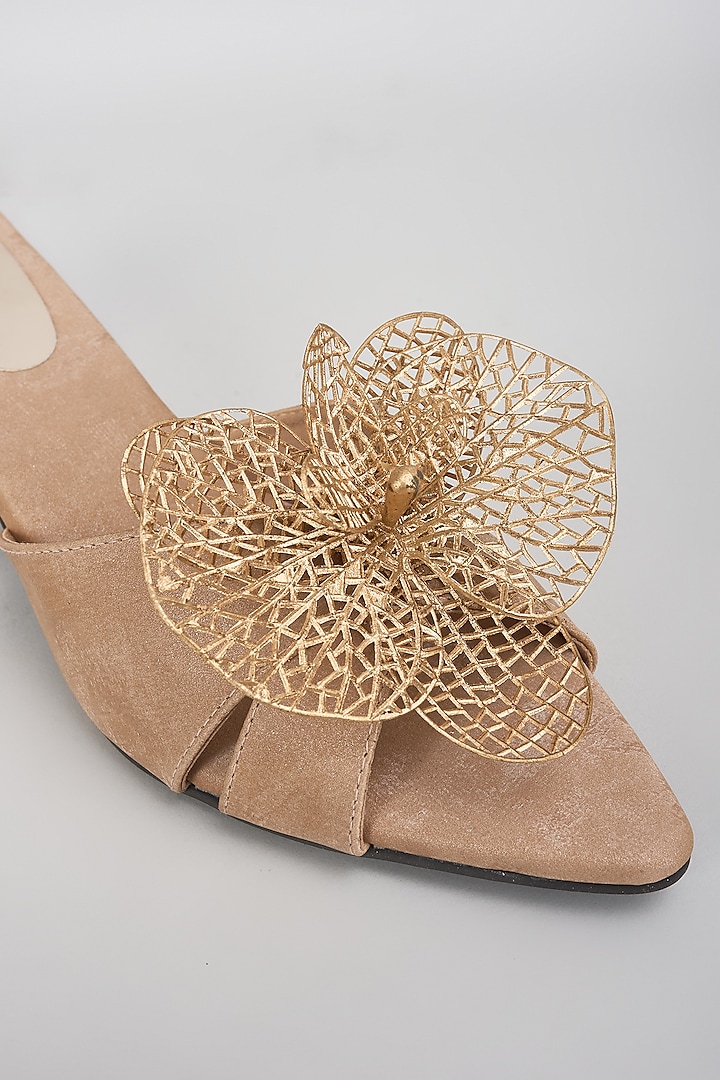 Gold Vegan Faux Leather Floral Embellished Kitten Heels by Sana K Luxurious Footwear at Pernia's Pop Up Shop