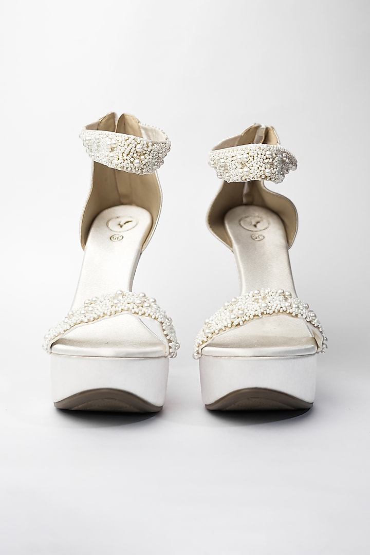 White Vegan Pearl Embellished Heels by Sana K Luxurious Footwear at Pernia's Pop Up Shop