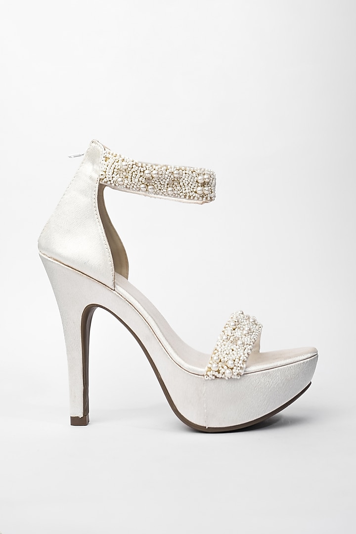 White Vegan Pearl Embellished Heels by Sana K Luxurious Footwear at Pernia's Pop Up Shop