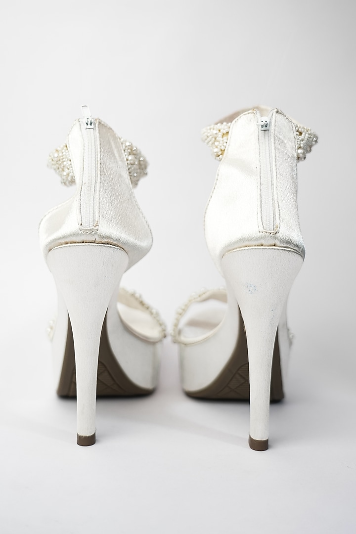 White Vegan Pearl Embellished Heels by Sana K Luxurious Footwear at Pernia's Pop Up Shop