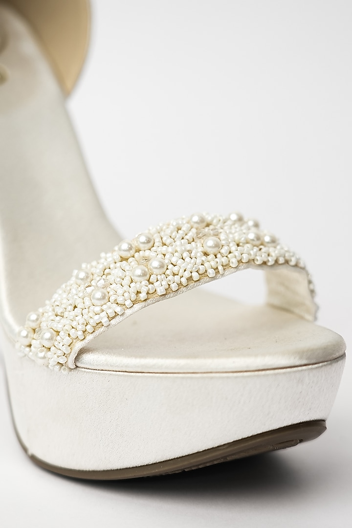 White Vegan Pearl Embellished Heels by Sana K Luxurious Footwear at Pernia's Pop Up Shop