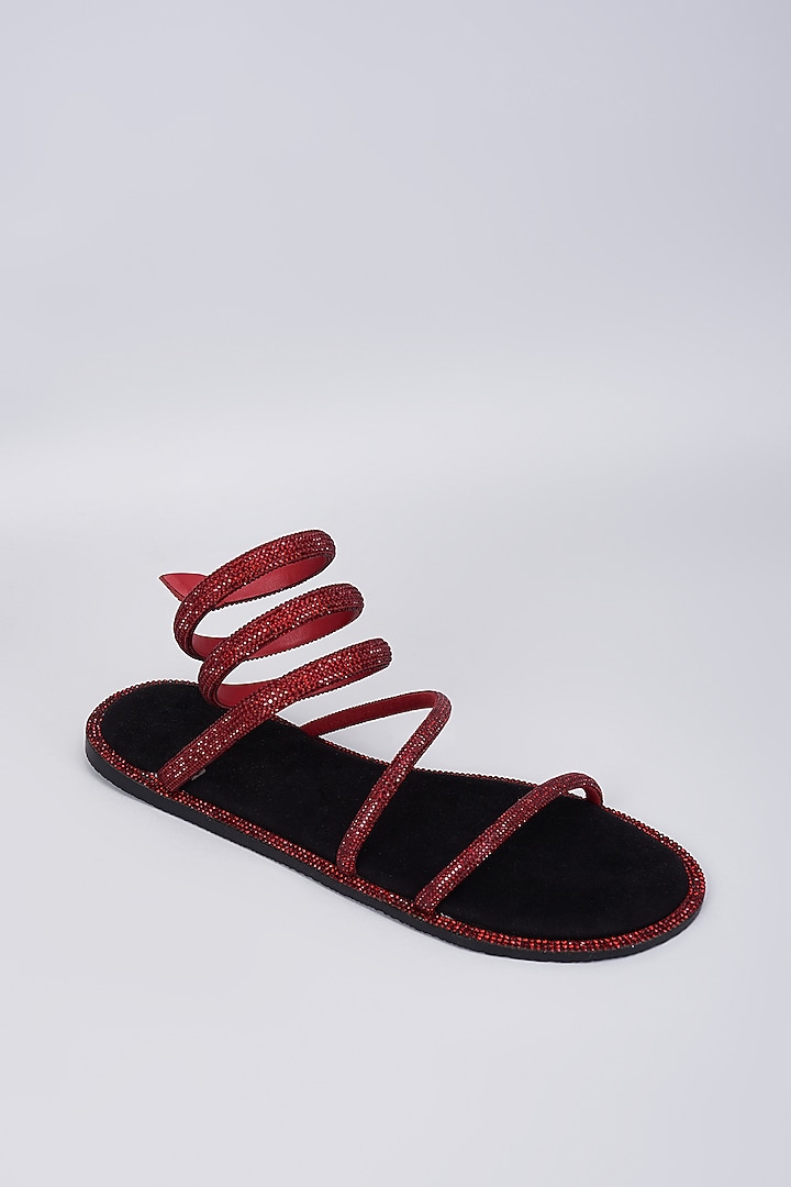 Black Synthetic & Vegan Rhinestone Embellished Flats by Sana K Luxurious Footwear at Pernia's Pop Up Shop