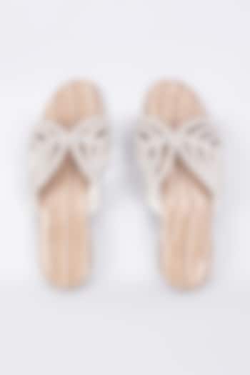 Beige Synthetic & Vegan Rhinestone Embellished Crocs Flats by Sana K Luxurious Footwear
