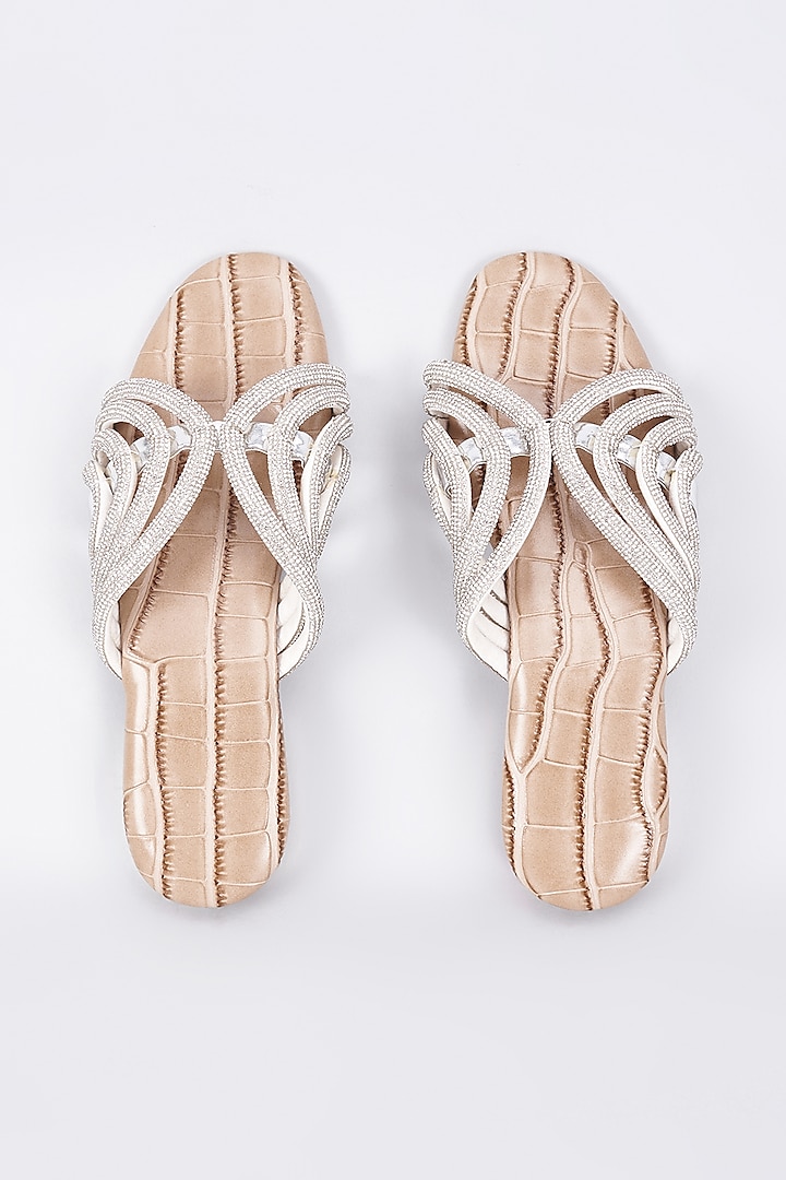 Beige Synthetic & Vegan Rhinestone Embellished Crocs Flats by Sana K Luxurious Footwear
