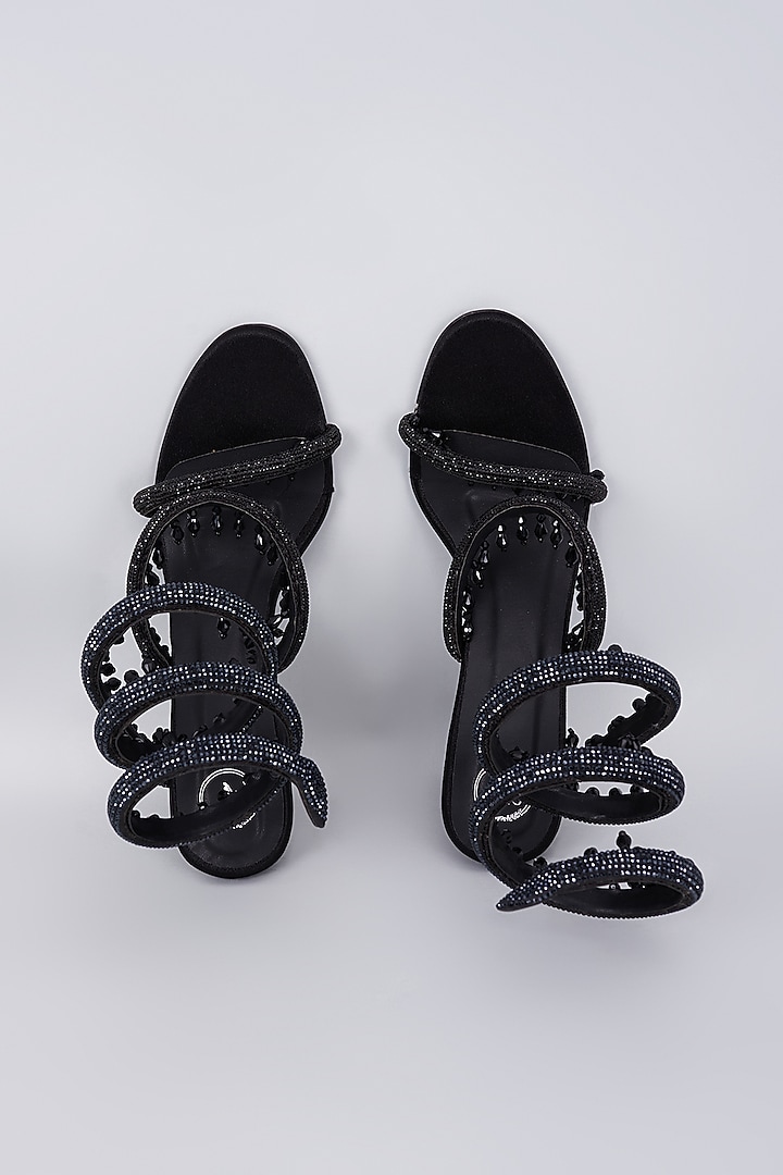 Black Synthetic Rhinestone & Crystal Tassel Embellished Heels by Sana K Luxurious Footwear at Pernia's Pop Up Shop