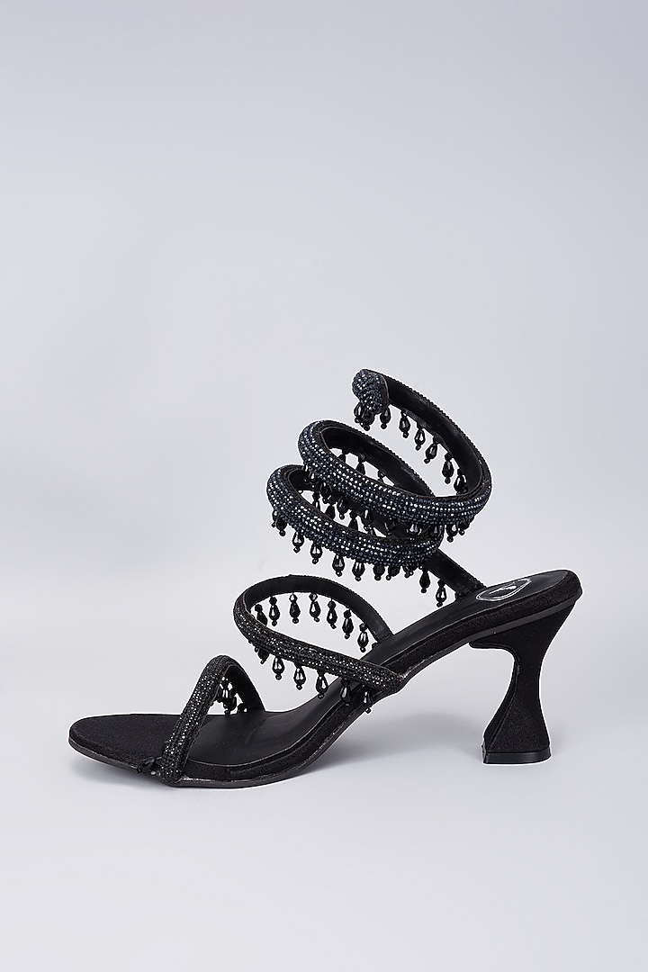 Black Synthetic Rhinestone & Crystal Tassel Embellished Heels by Sana K Luxurious Footwear at Pernia's Pop Up Shop