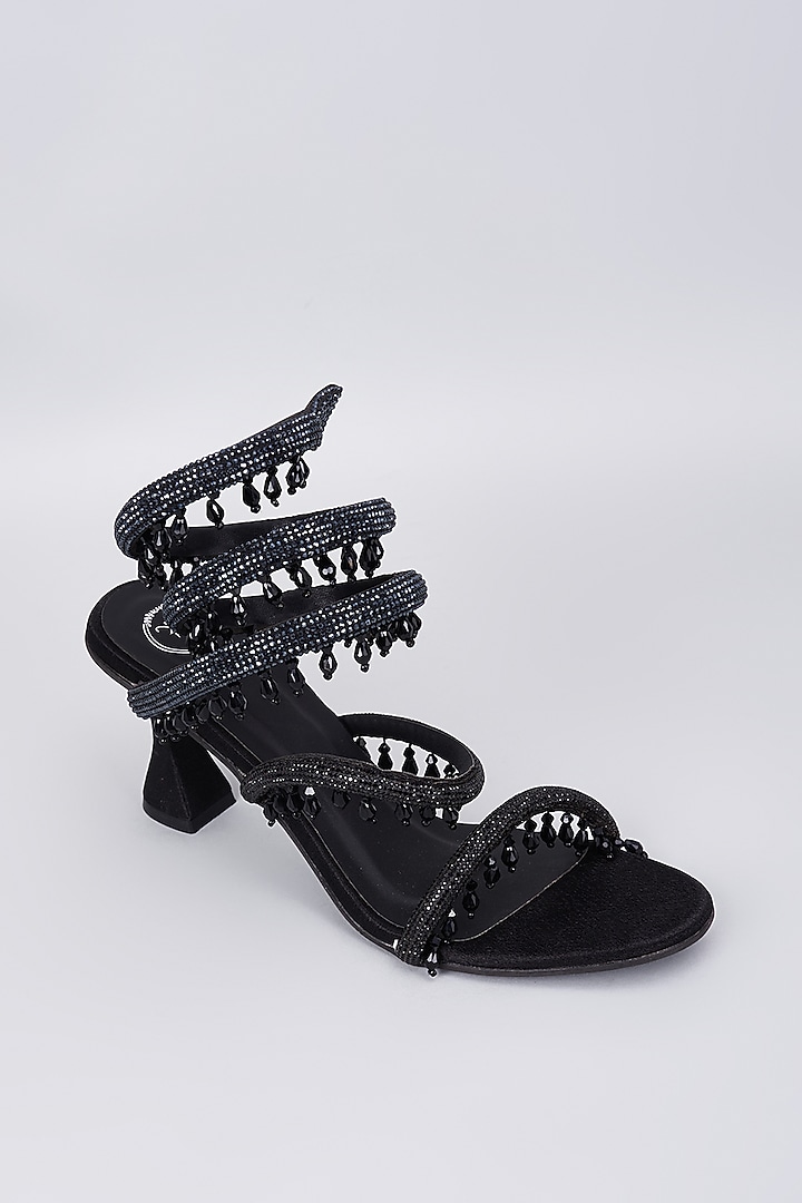 Black Synthetic Rhinestone & Crystal Tassel Embellished Heels by Sana K Luxurious Footwear at Pernia's Pop Up Shop