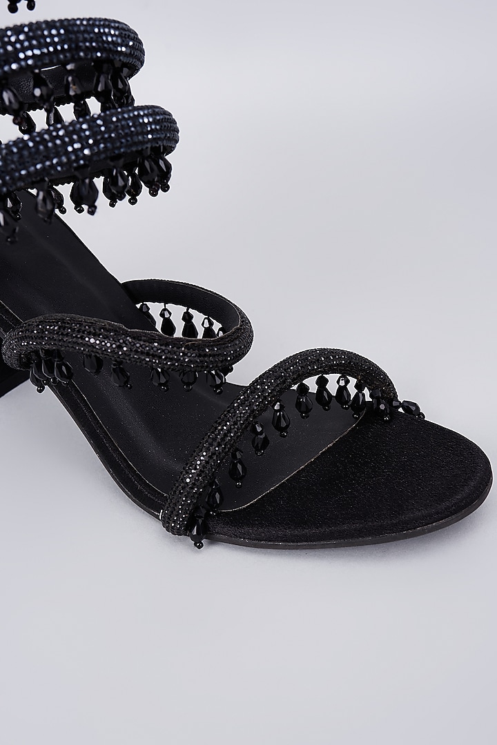 Black Synthetic Rhinestone & Crystal Tassel Embellished Heels by Sana K Luxurious Footwear at Pernia's Pop Up Shop