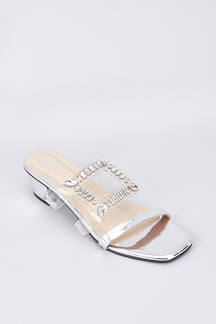 Silver Synthetic & Vegan Swarovski Crystal Embellished Heels by Sana K Luxurious Footwear at Pernia's Pop Up Shop