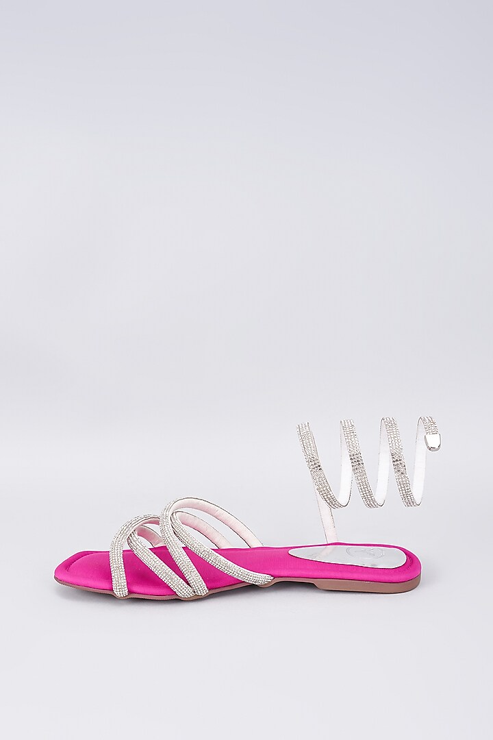 Pink Synthetic & Vegan Silver Rhinestone Spring Embellished Flats by Sana K Luxurious Footwear at Pernia's Pop Up Shop
